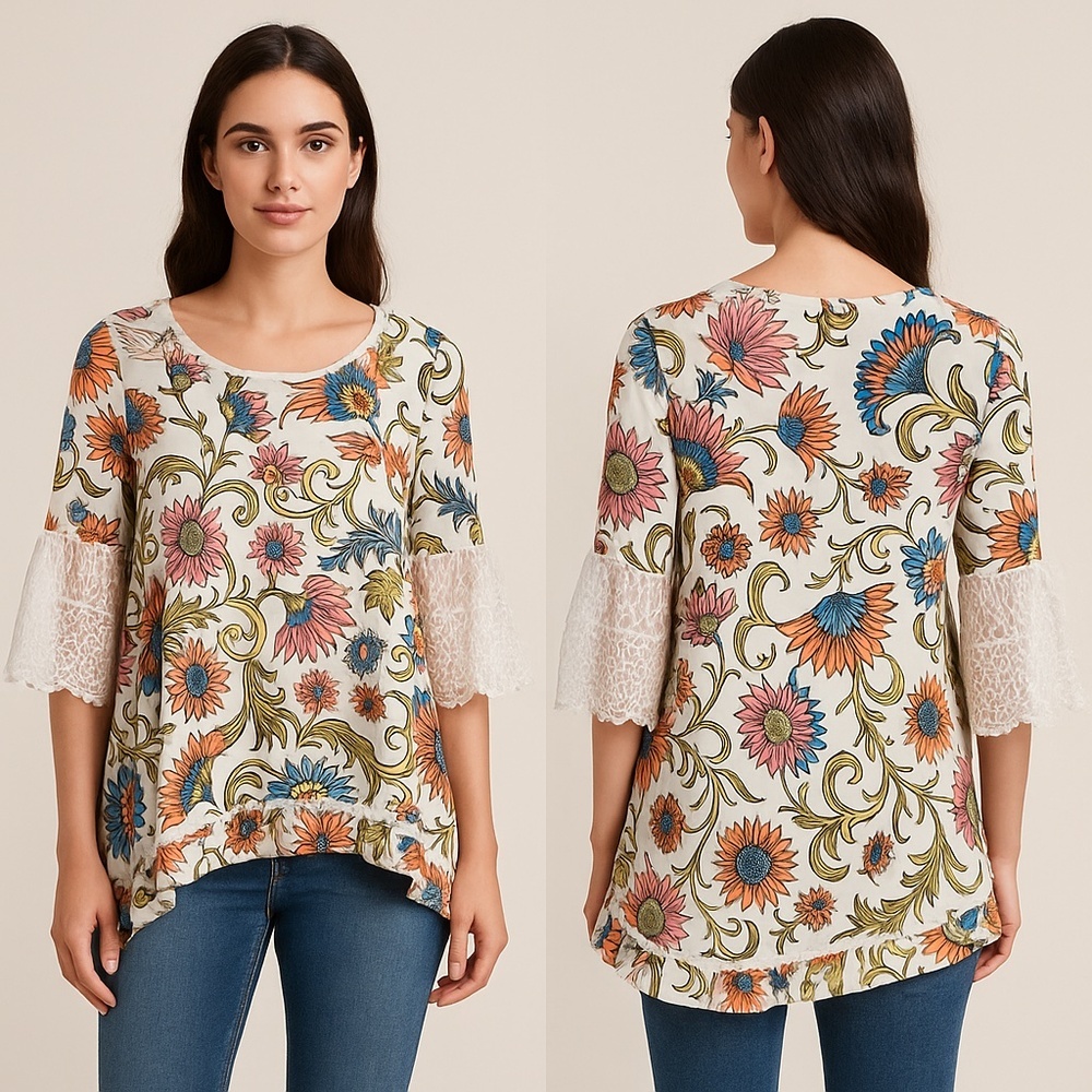 Multiples Floral Paisley Retro Tunic Top with Lace‎ Bell 3/4 Sleeves – Size S